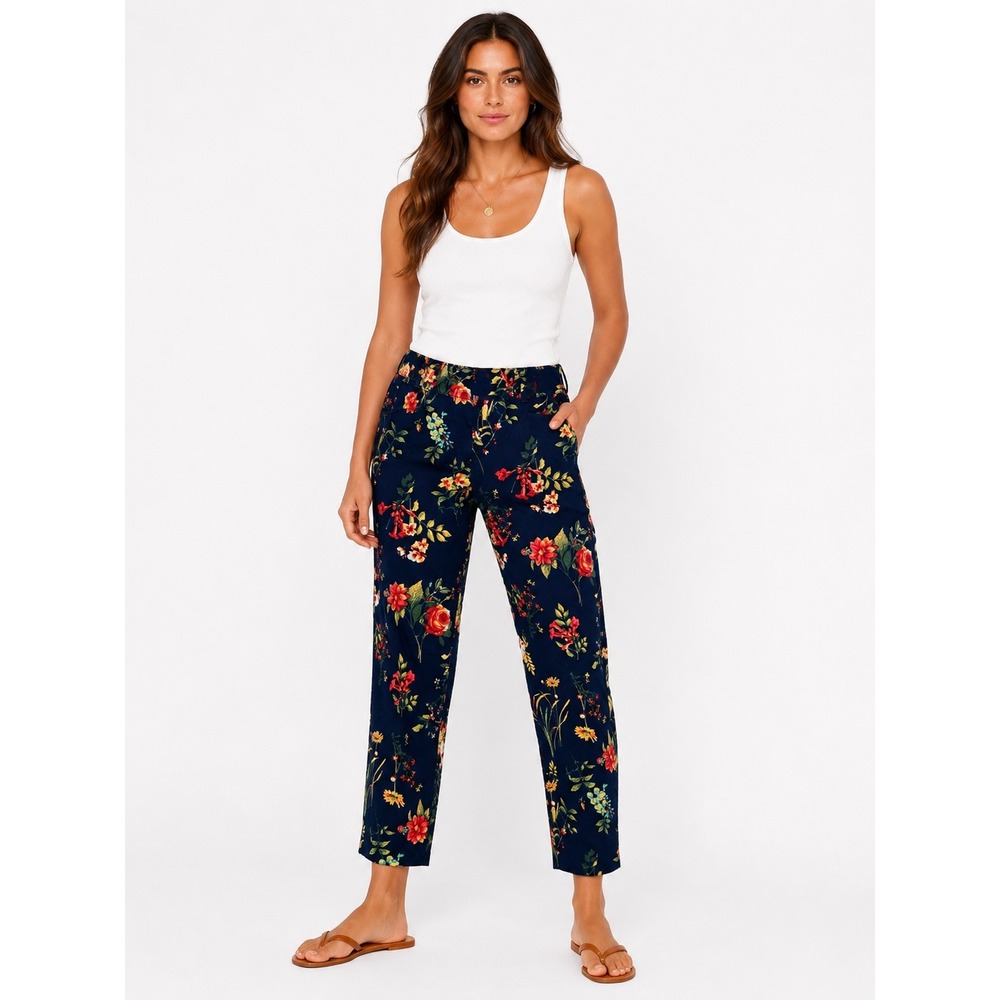 New York & Company Floral Trousers Women Size 0 Navy Blue Botanical Slim Pants‎